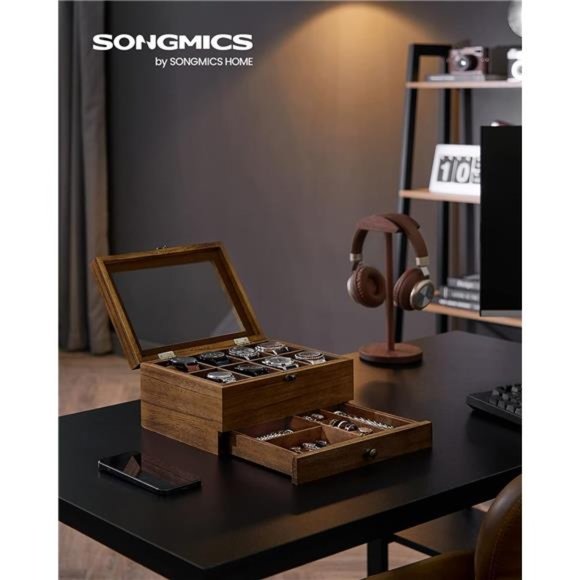 8-Slot 2-Tier Watch Display Case with Large Glass Lid, Removable Watch Pillows - Picture 2 of 6